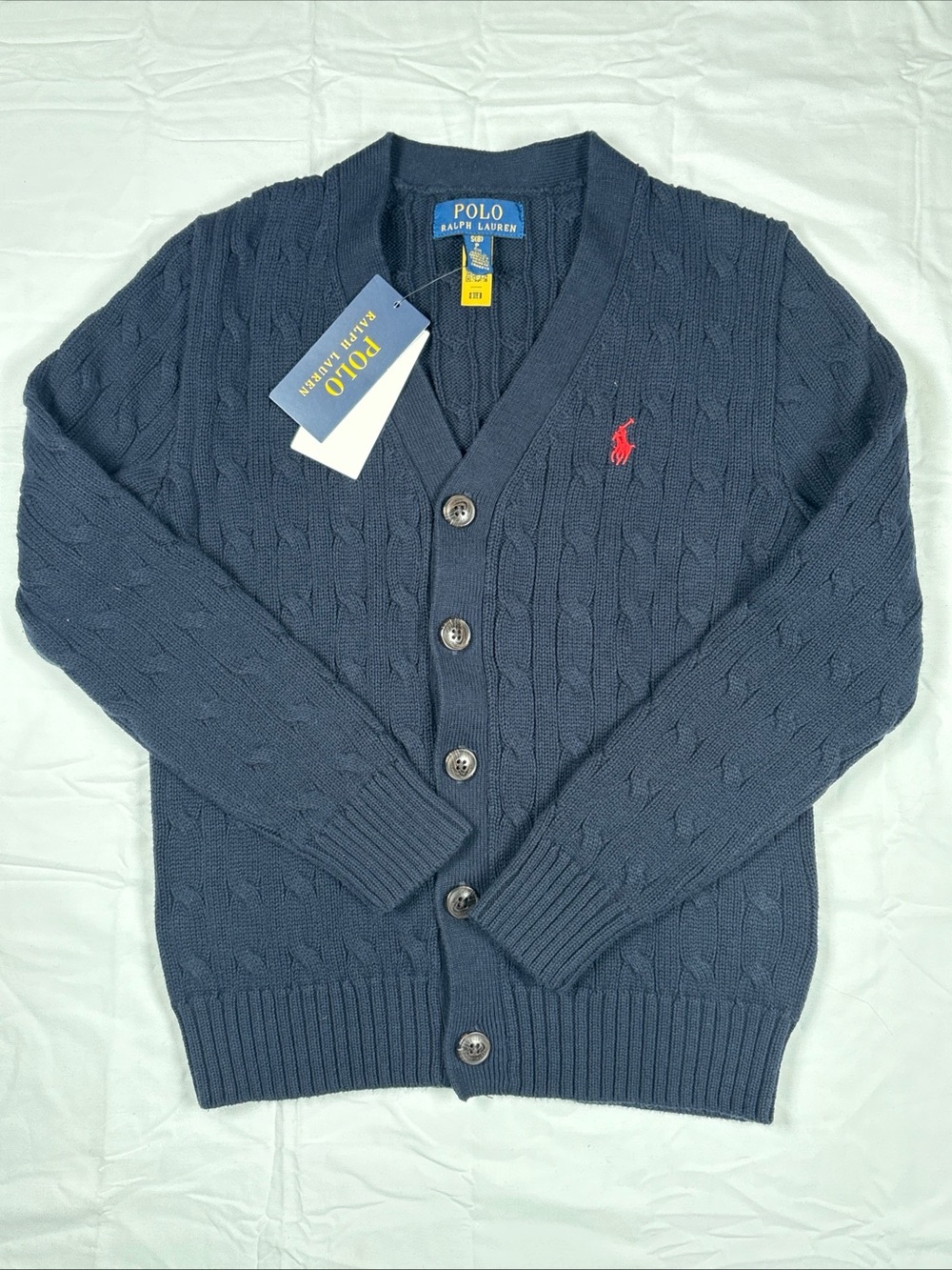 Polo by Ralph Lauren Boys Navy Cable-Knit Cardigan with Red Pony